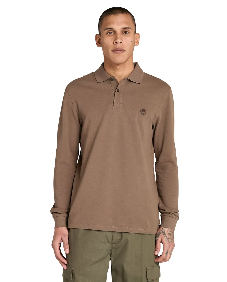 

Мужская рубашка-поло из пике с длинными рукавами и приталенным кроем Timberland, светло-коричневый