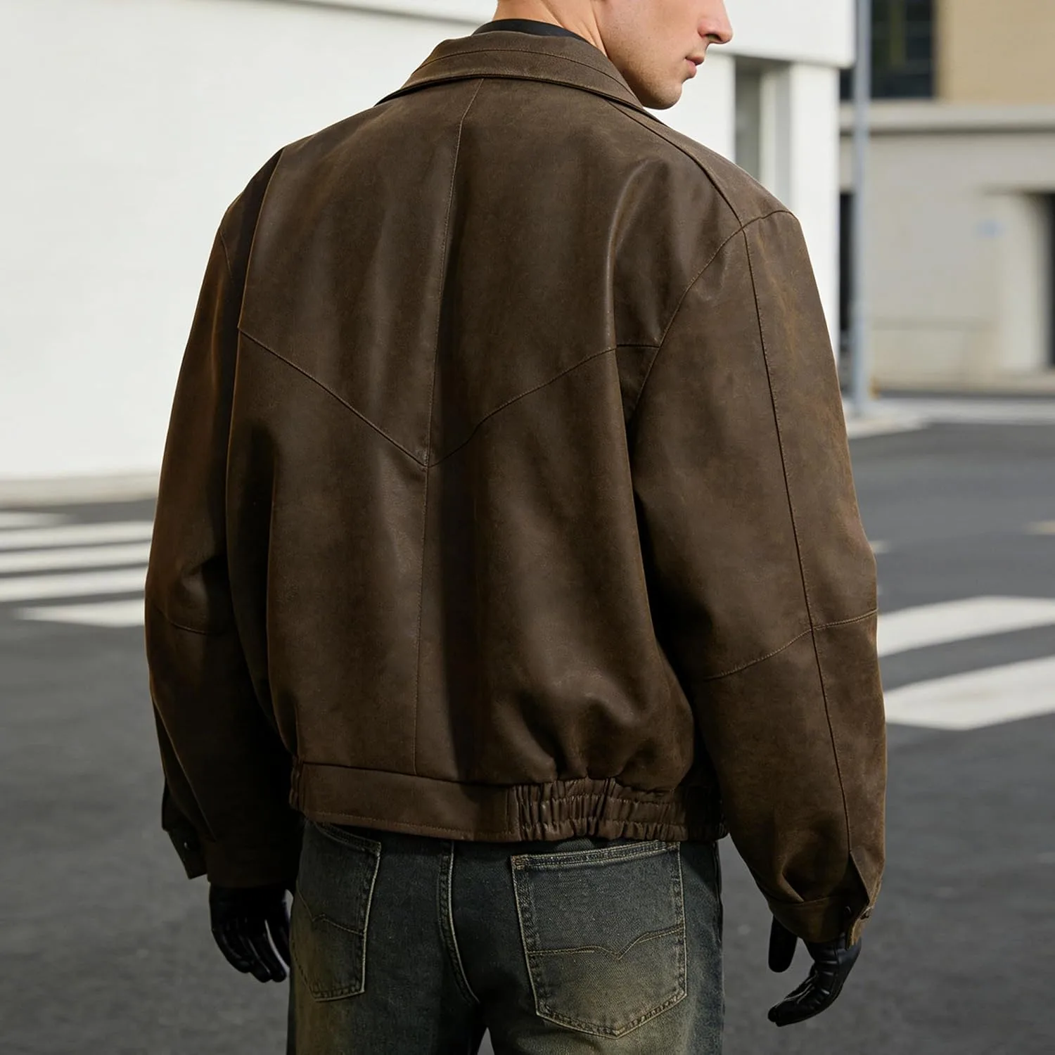 Кожаная куртка мужская Faux Leather мотоциклетная бомбер на молнии Casual Generic, коричневый — фото 4