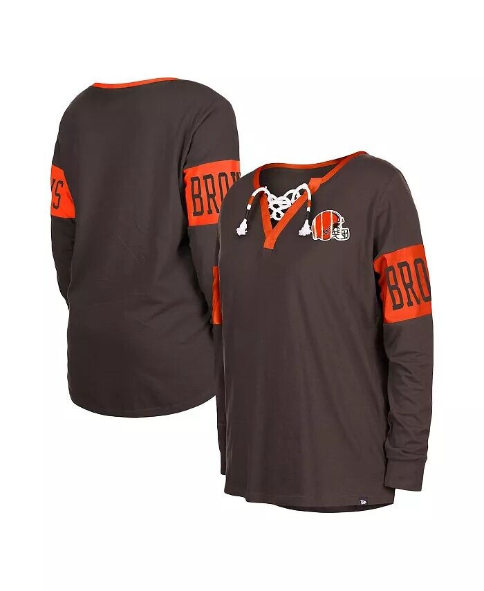 

Женская коричневая футболка с длинным рукавом и вырезом на шнуровке Cleveland Browns New Era