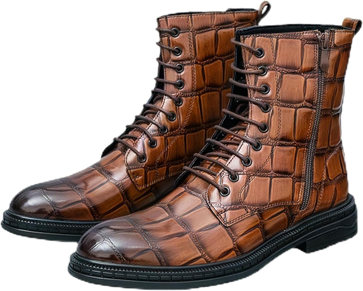 

Мужские кожаные ботинки с принтом, на шнуровке, высокие, с низким каблуком-блоком, челси с боковой молнией, повседневные, удобные, ретро, противоскользящие байкерские ботильоны для осени и зимы Botrent, коричневый