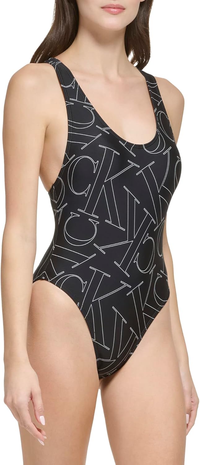 Классический женский слитный купальник Calvin Klein через плечо, Black Monogram — фото 2
