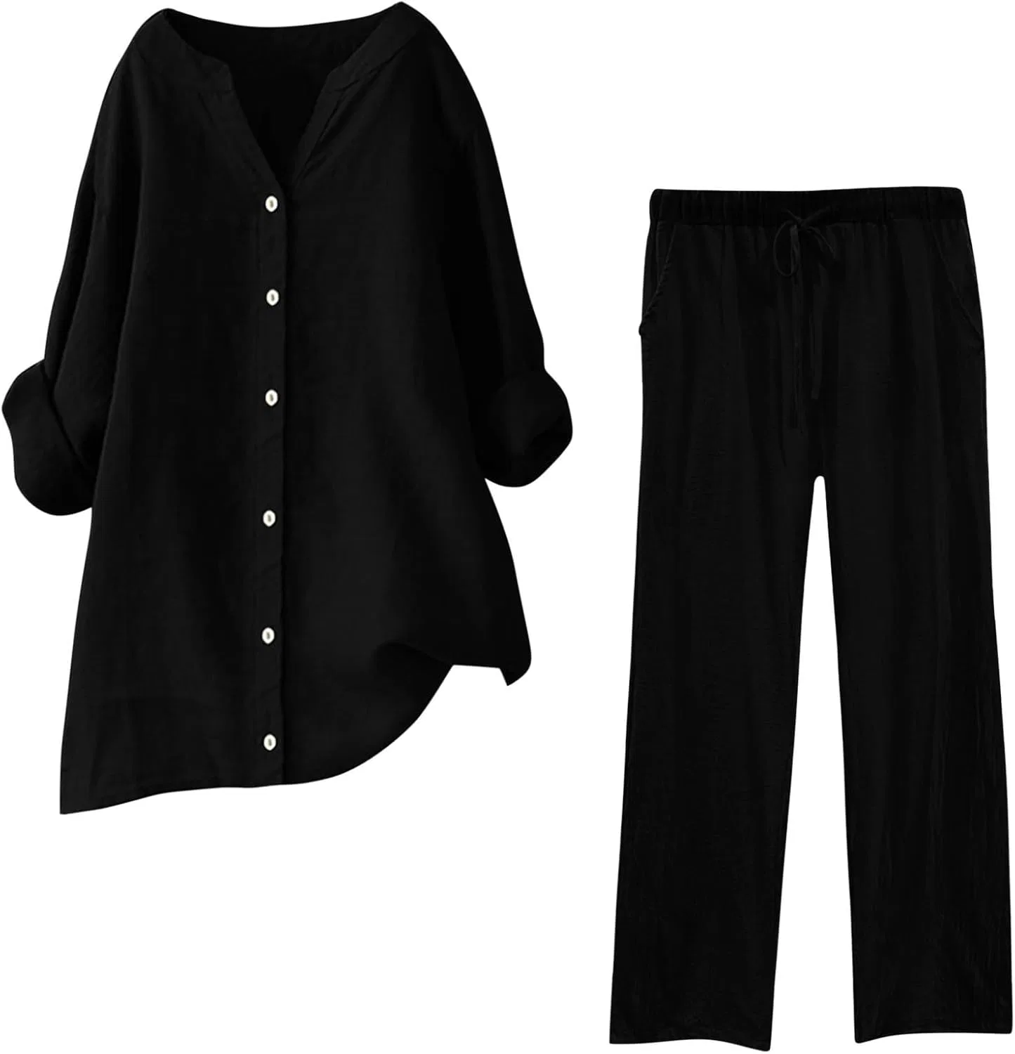 Женский костюм из льноподобной ткани, рубашка и брюки, Black