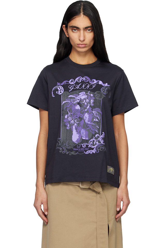 

Ganni Черная хлопковая дамасская свободная футболка