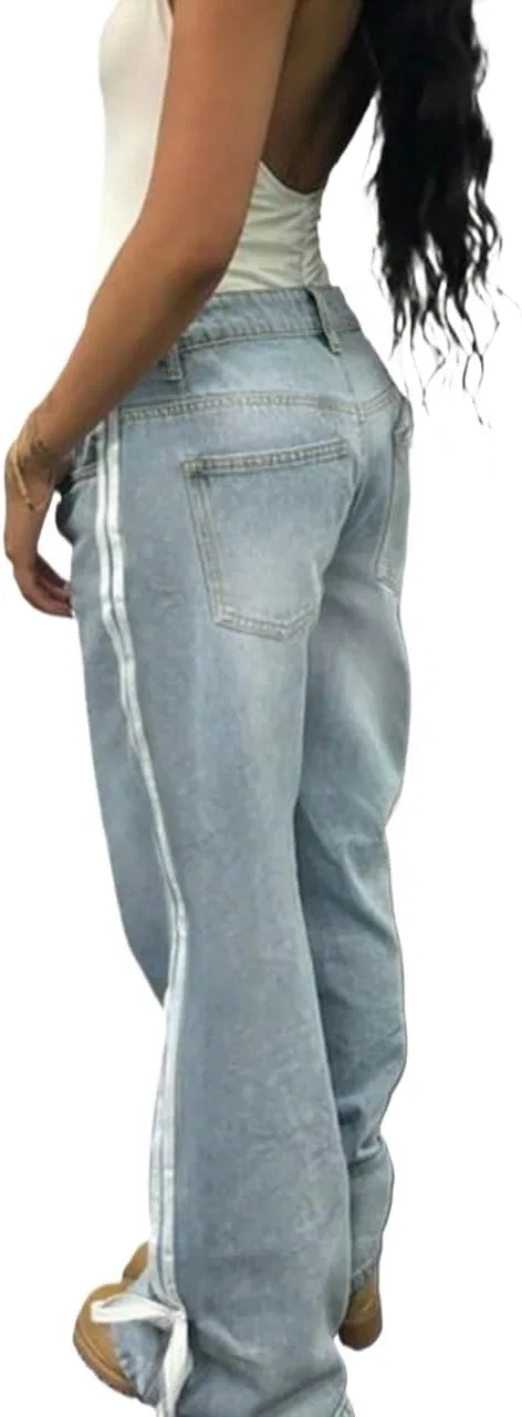Джинсы со шнуровкой на талии, Medium Wash, Baggy Jeans Women
