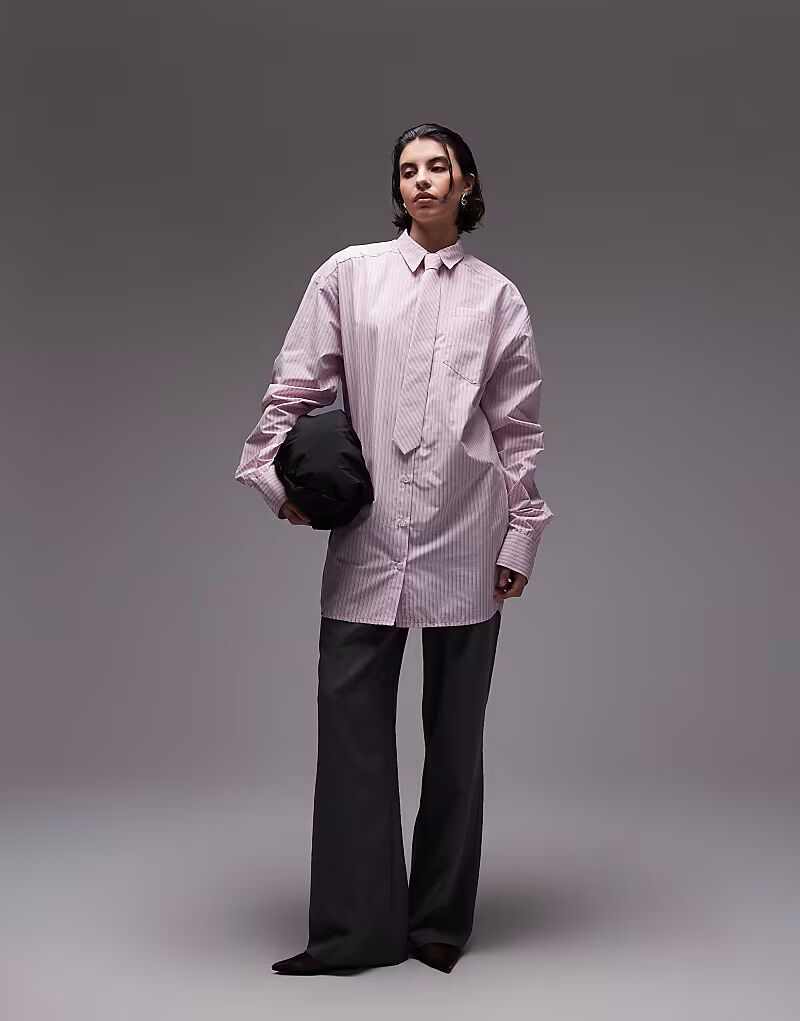 

Длинная рубашка свободного кроя с галстуком в розовую полоску от ASOS DESIGN