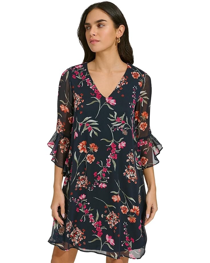 

Платье Calvin Klein Short Chiffon with Bell Sleeves, цвет Indigo Multi