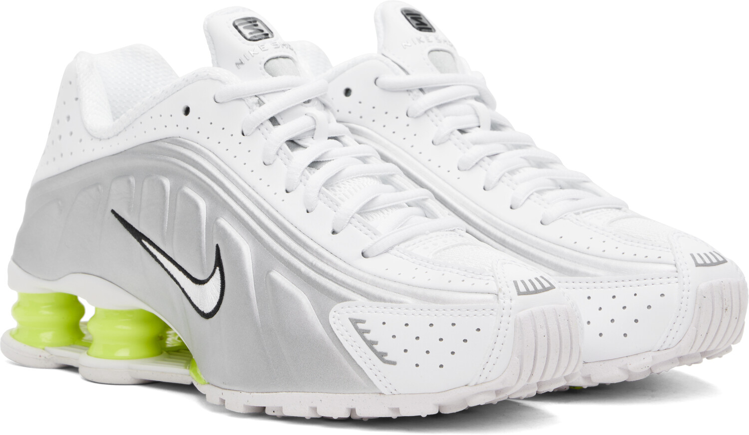 Белые и серебристые кроссовки Shox R4 Nike, White/Metallic silver/Volt/White — фото 4