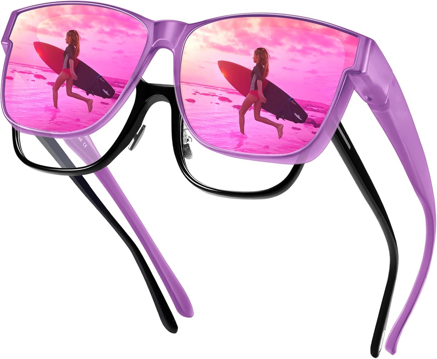 

Поляризованные солнцезащитные очки URUMQI, надеваемые поверх обычных очков, для мужчин и женщин, большие квадратные очки с защитой от УФ-излучения UV400, 12 Matte Purple Frame/Purple Mirrored Lens