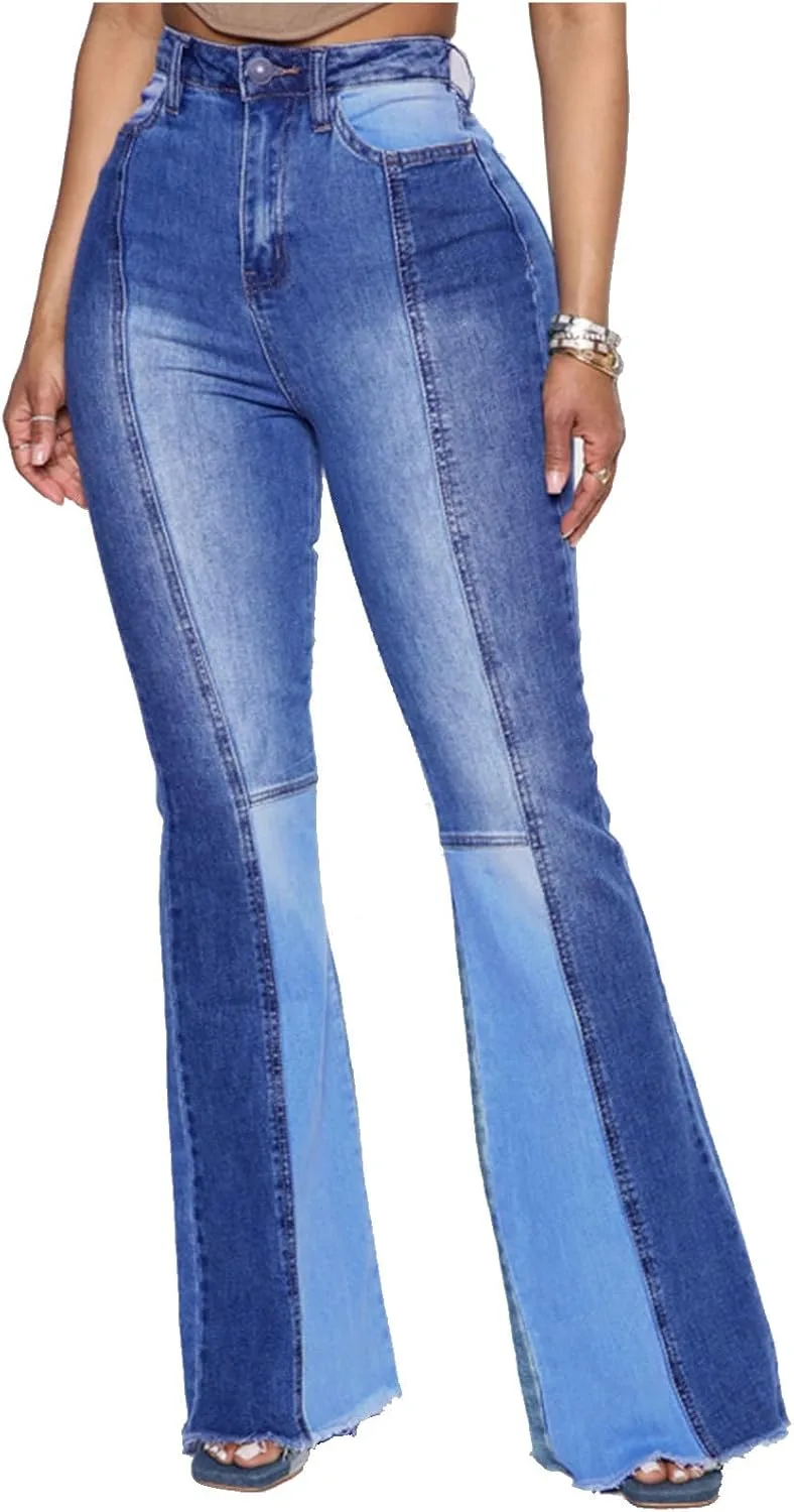 

Женские джинсы-клеш с пачворком и потертостями