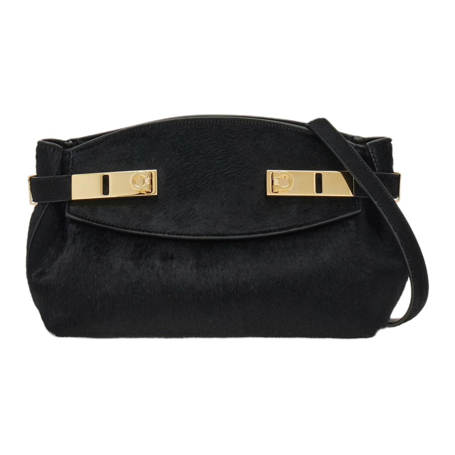 

Ferragamo Конвертерная сумка через плечо мини женская черная из кожи лошади и теленка