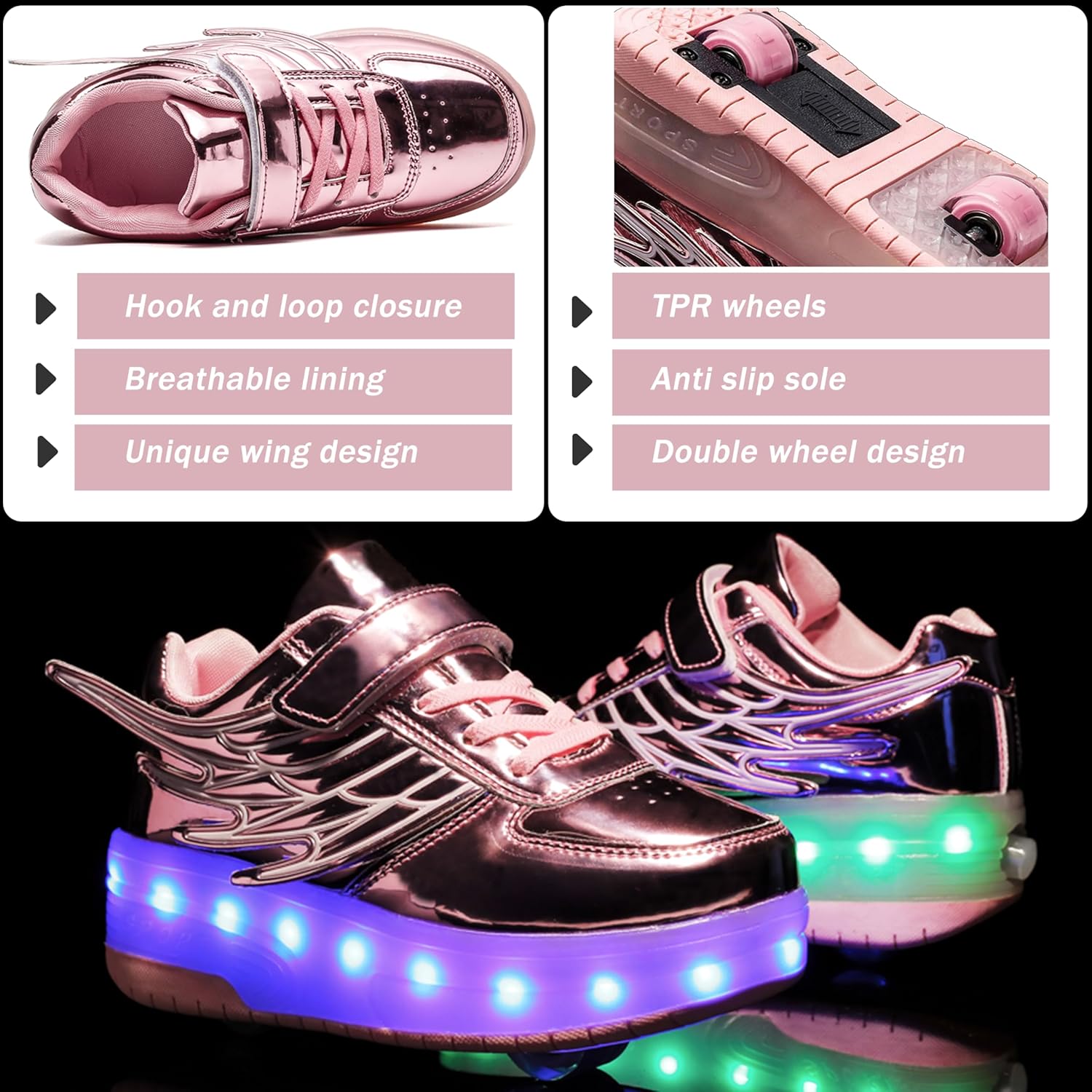 Детские роликовые кроссовки Aikuass с USB-подзарядкой и светящейся LED-подсветкой для мальчиков и девочек, розовый — фото 4