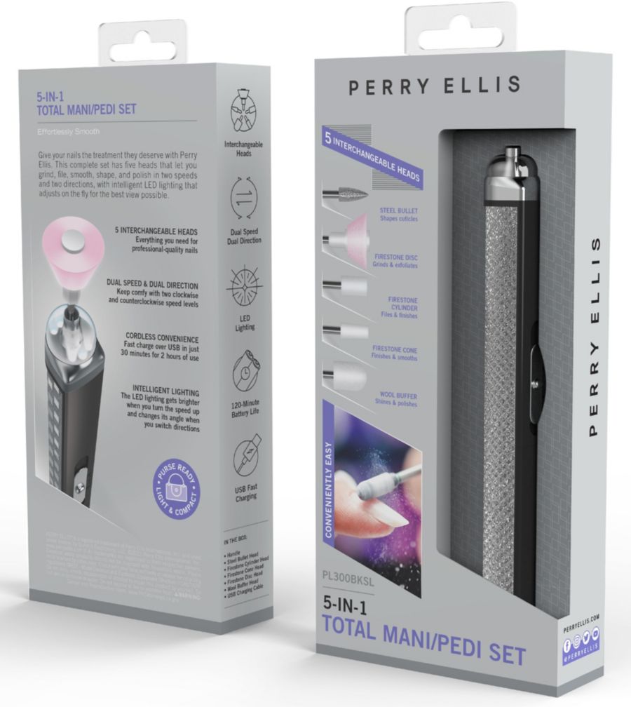 Перезаряжаемый салонный маникюрный набор со светодиодной подсветкой Perry Ellis, цвет black/silver — фото 2