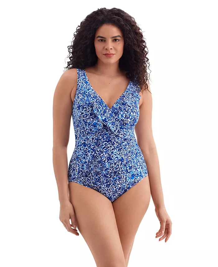 

Женский цельнокроеный купальник с запахом и рюшами на лифе, удлиненный Longitude By Mimi Flamingo, синий