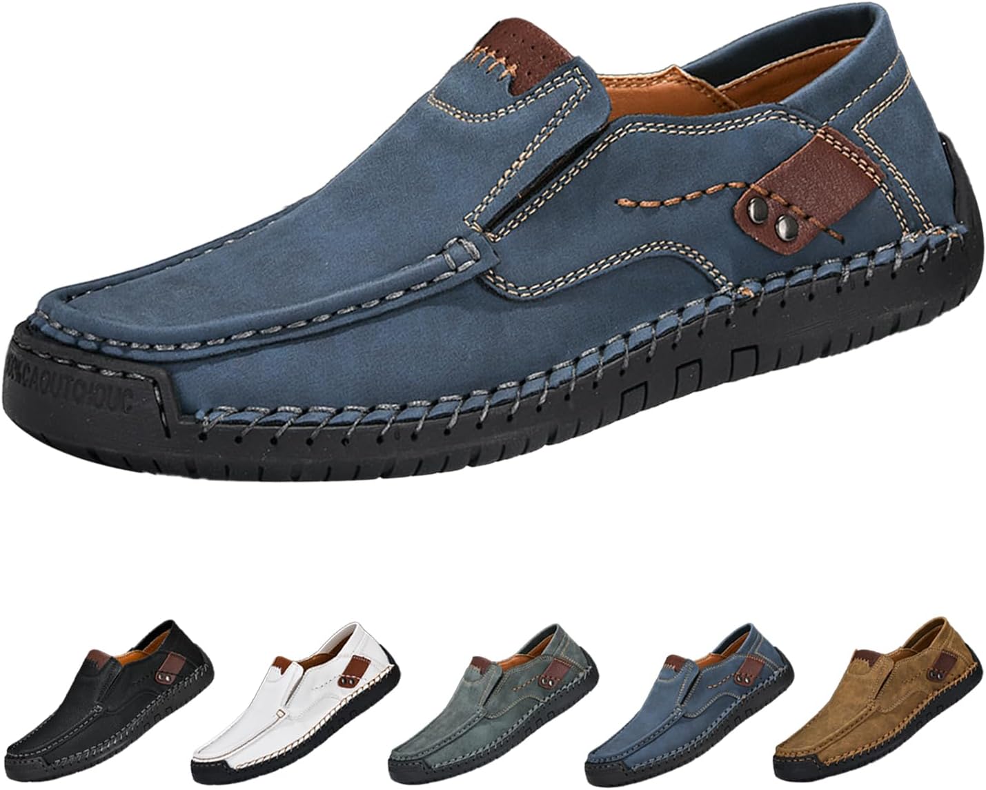 

Мужские кожаные повседневные слипоны-лоферы и ходьбы, винтажные модные удобные туфли с ручной строчкой, противоскользящие Hneowgn, синий