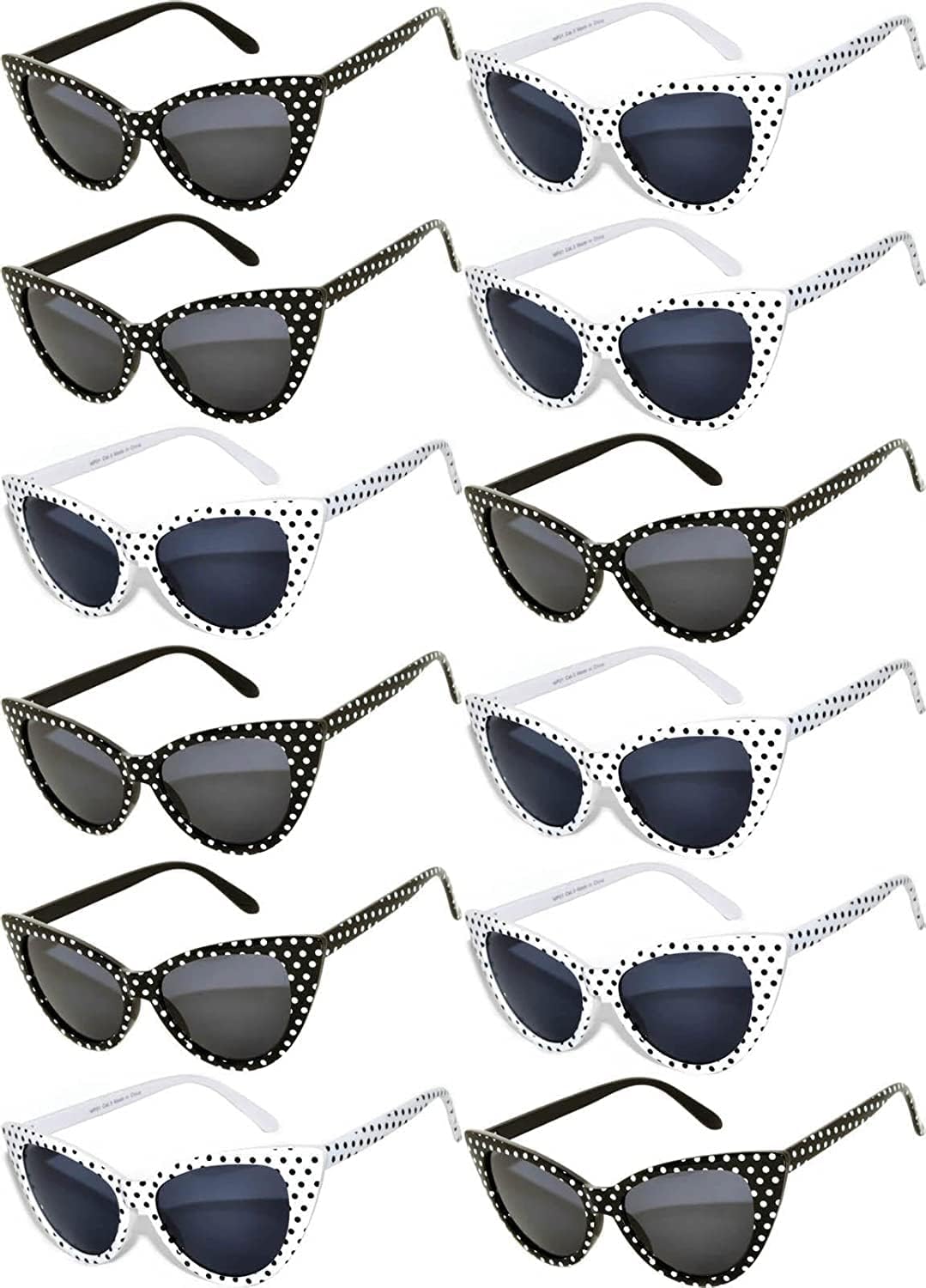 

OWL Набор из 12 солнцезащитных очков «кошачий глаз» для женщин – защита от ультрафиолета UV400, ретро-винтажные очки, разные цвета и узоры, Smoke Lens / Polka Dots / White & Black