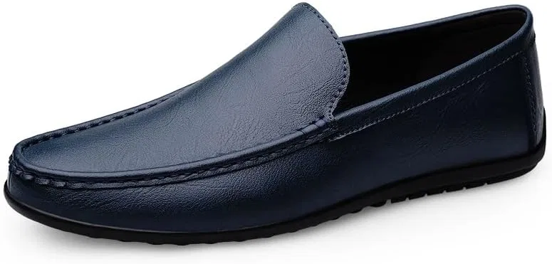 Лоферы кожаные Mens Loafers Round Toe Solid Color Leather Loafer Shoes Anti-Slip Flat Heel Comfortable Walking Slip-ons, синий с подкладкой PUGHGAETZF — фото 2