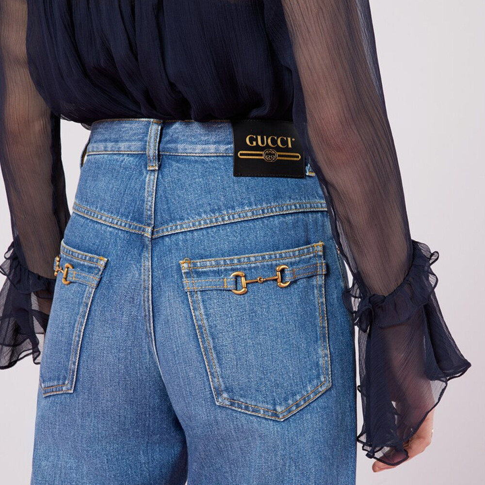 Джинсы женские Gucci Horsebit Straight-leg, с металлической заклепкой, синий — фото 4