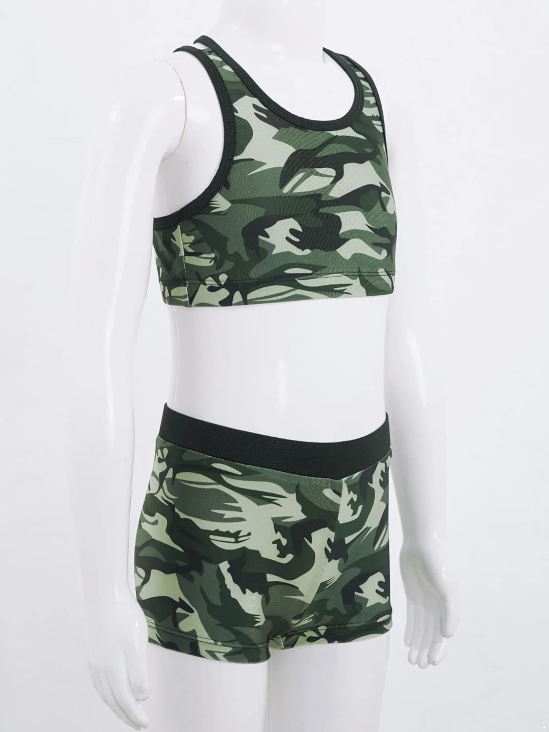 Детский спортивный костюм с камуфляжным принтом HULIJA, топ и шорты, Camouflage-green — фото 3