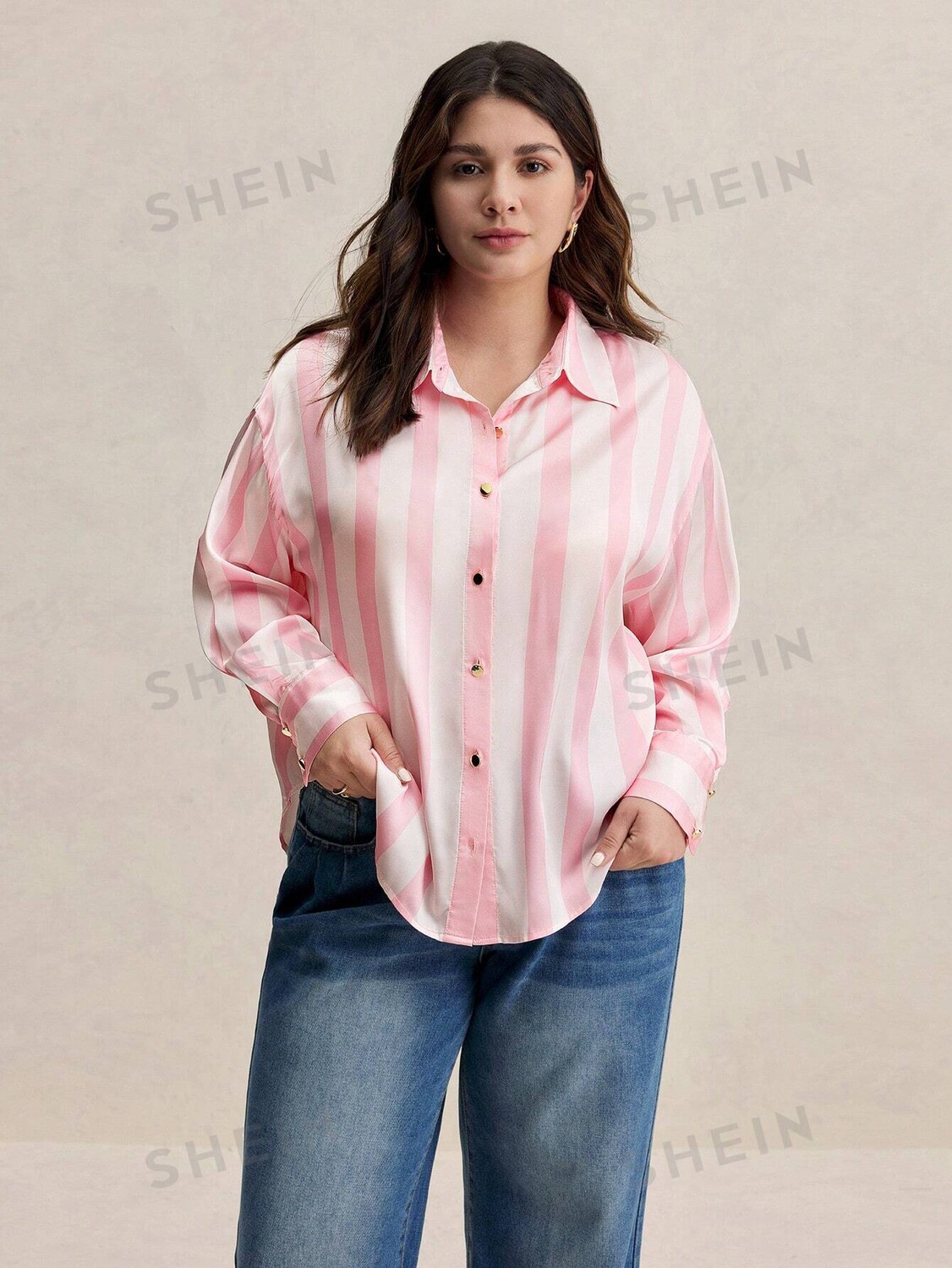 

BIZwear Плюс размер Тканая повседневная рубашка с цветным принтом Shein, розовый