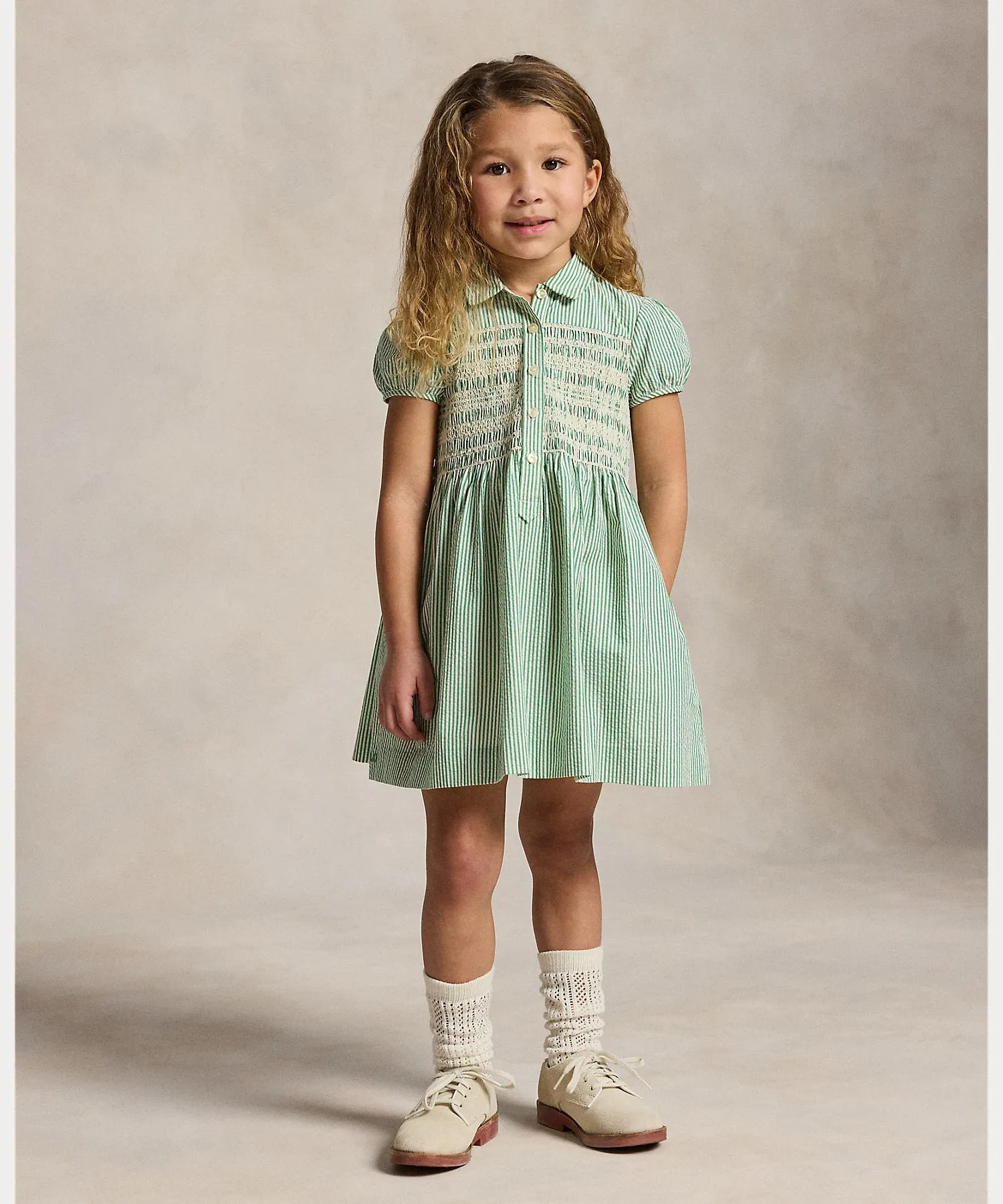 Детское хлопковое платье POLO RALPH LAUREN CHILDRENSWEAR в полоску бежевое