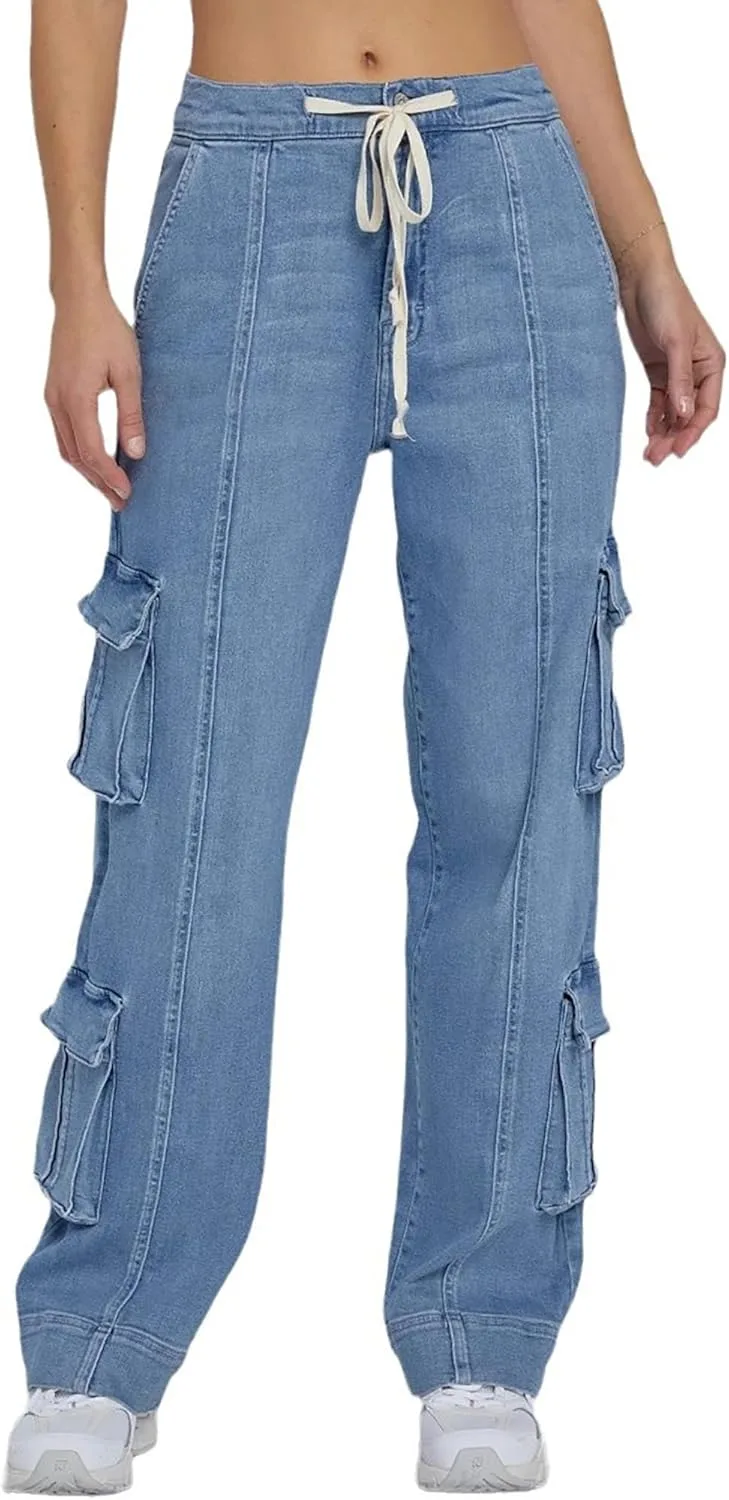 

Женские карго джинсы с кулиской и прямой штаниной QLAUYIOE