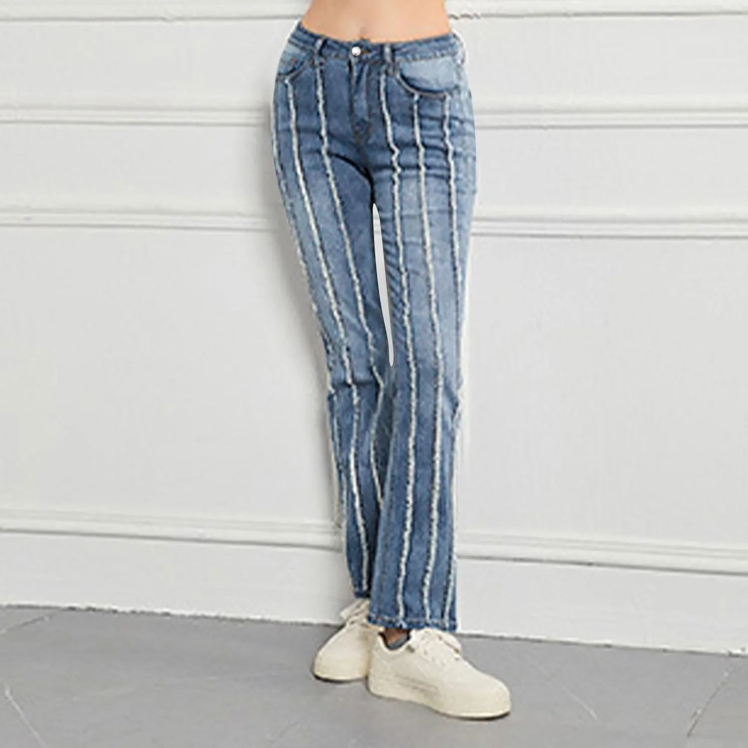 Женские джинсы High WAIS Flare Jean с эффектом стретч и потертостями — фото 4