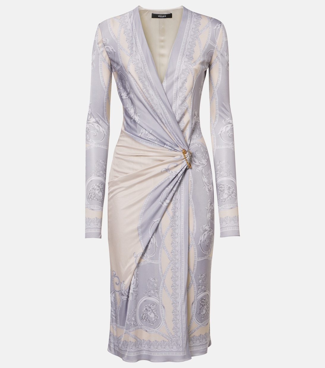 

Платье миди из джерси с присборенным узором Barocco Versace, Silver Grey Champagne