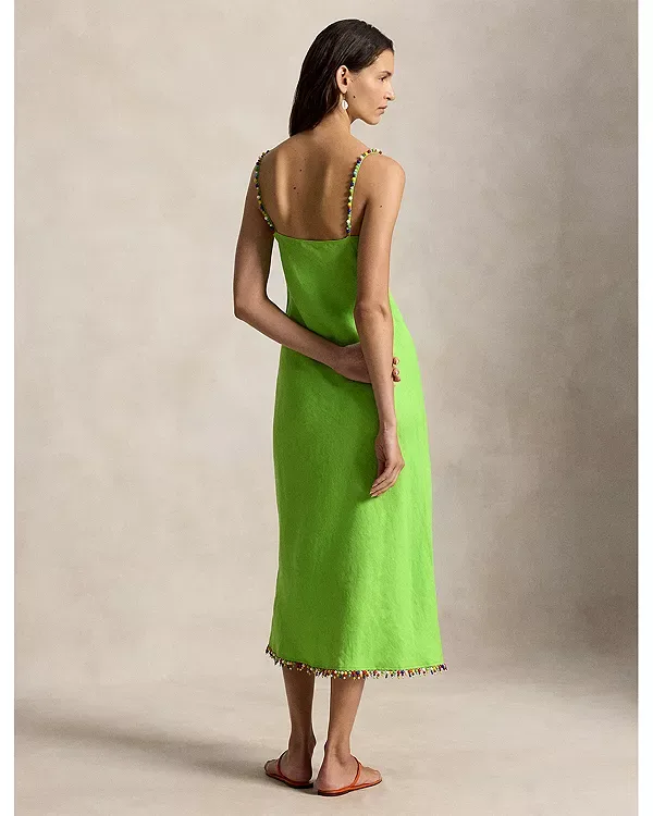 Льняное платье-комбинация с бисерной отделкой Ralph Lauren, Green — фото 3