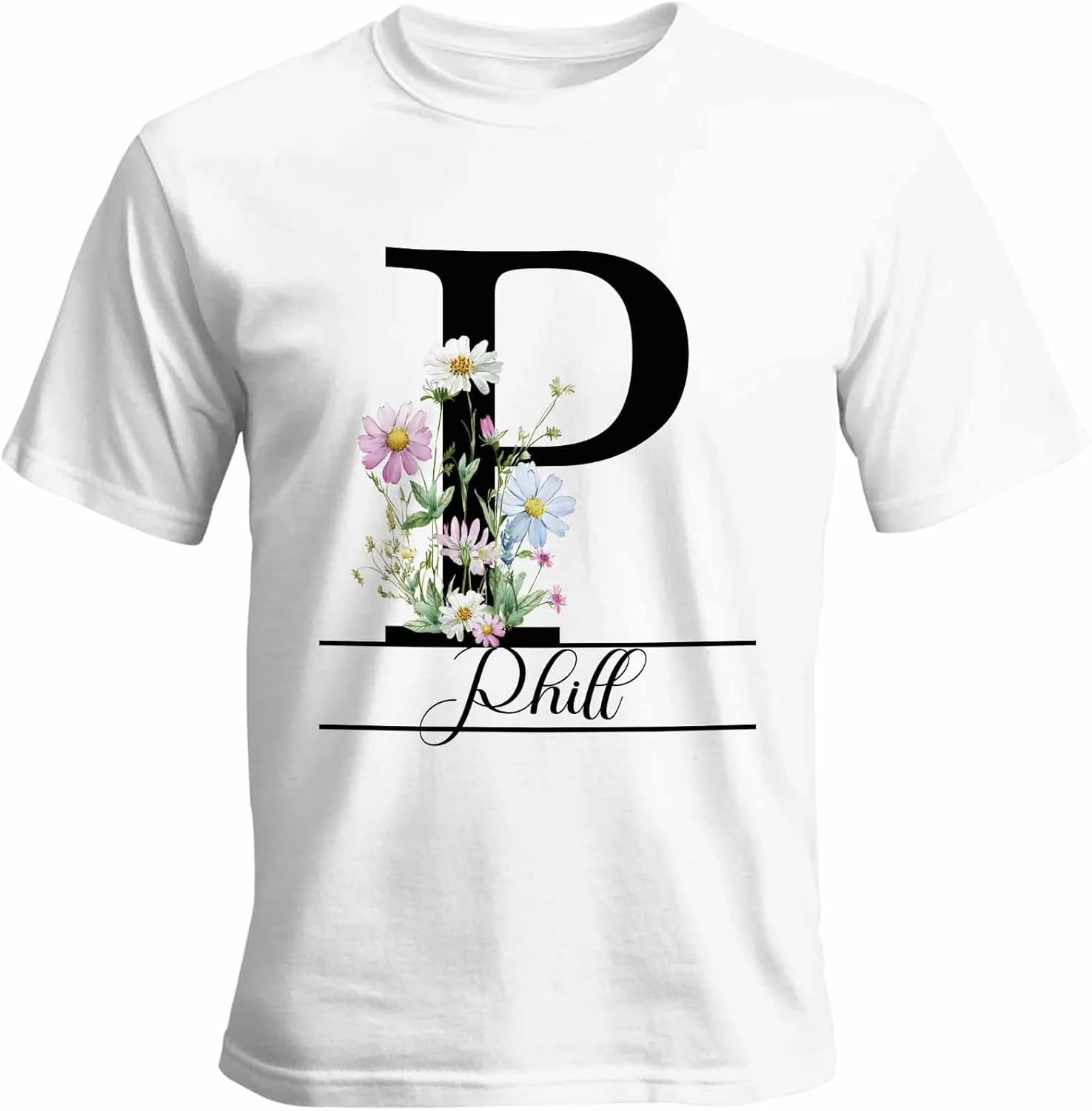 

Футболка с именем или текстом, цветы P, Unisex, Cotton, Round Neck, Monogram Vaxbryntel