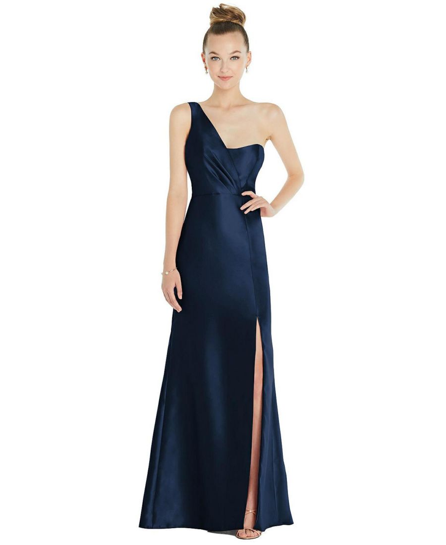 

Атласное платье-труба с драпировкой на одно плечо и разрезом спереди Alfred Sung, Midnight navy