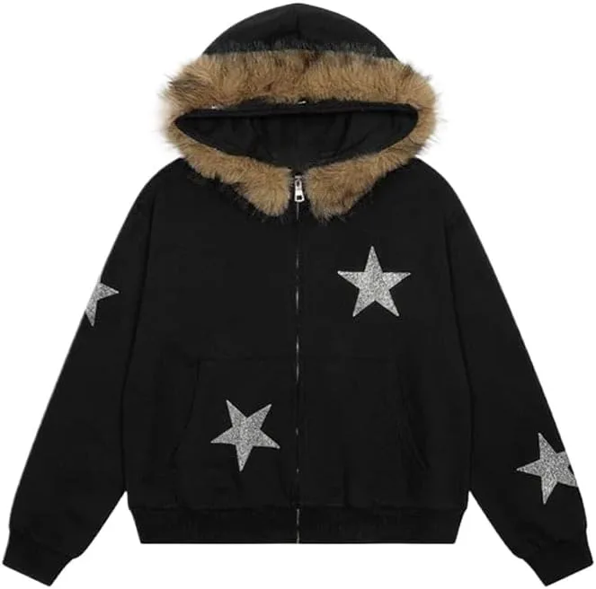 

Графический худи Y2k с меховым капюшоном на молнии RSGMU