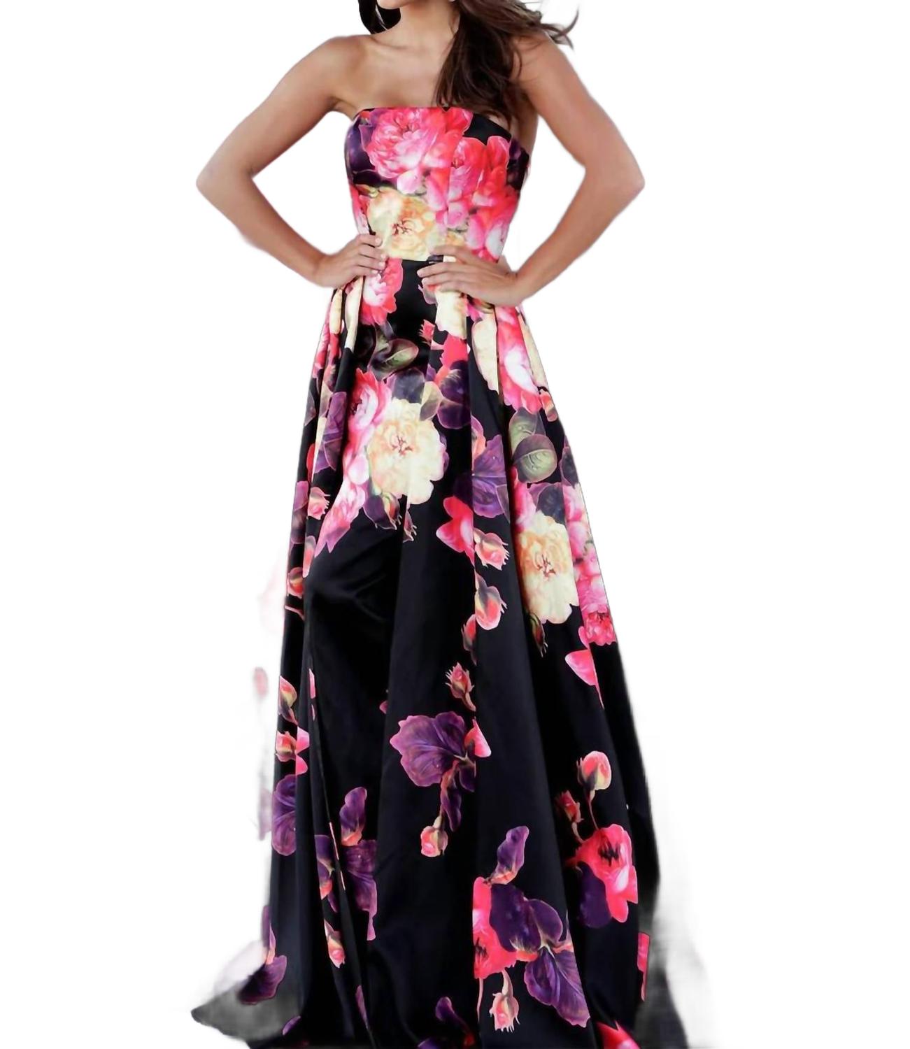 

Floral Print Pleated Skirt Strapless Prom Dress JOVANI, Floral