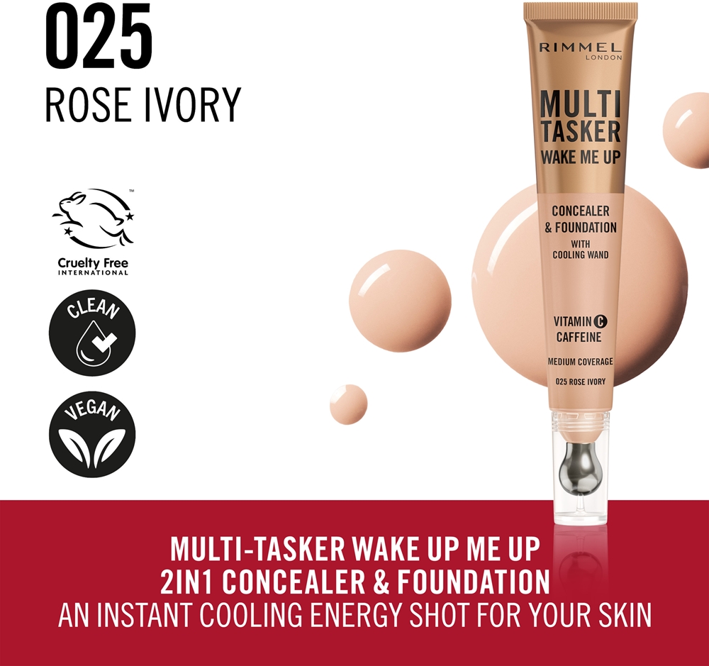 Многофункциональный тональный крем и консилер Wake Me Up с эффектом сияния Rimmel, atspalvis 25 rose ivory 20 мл — фото 3