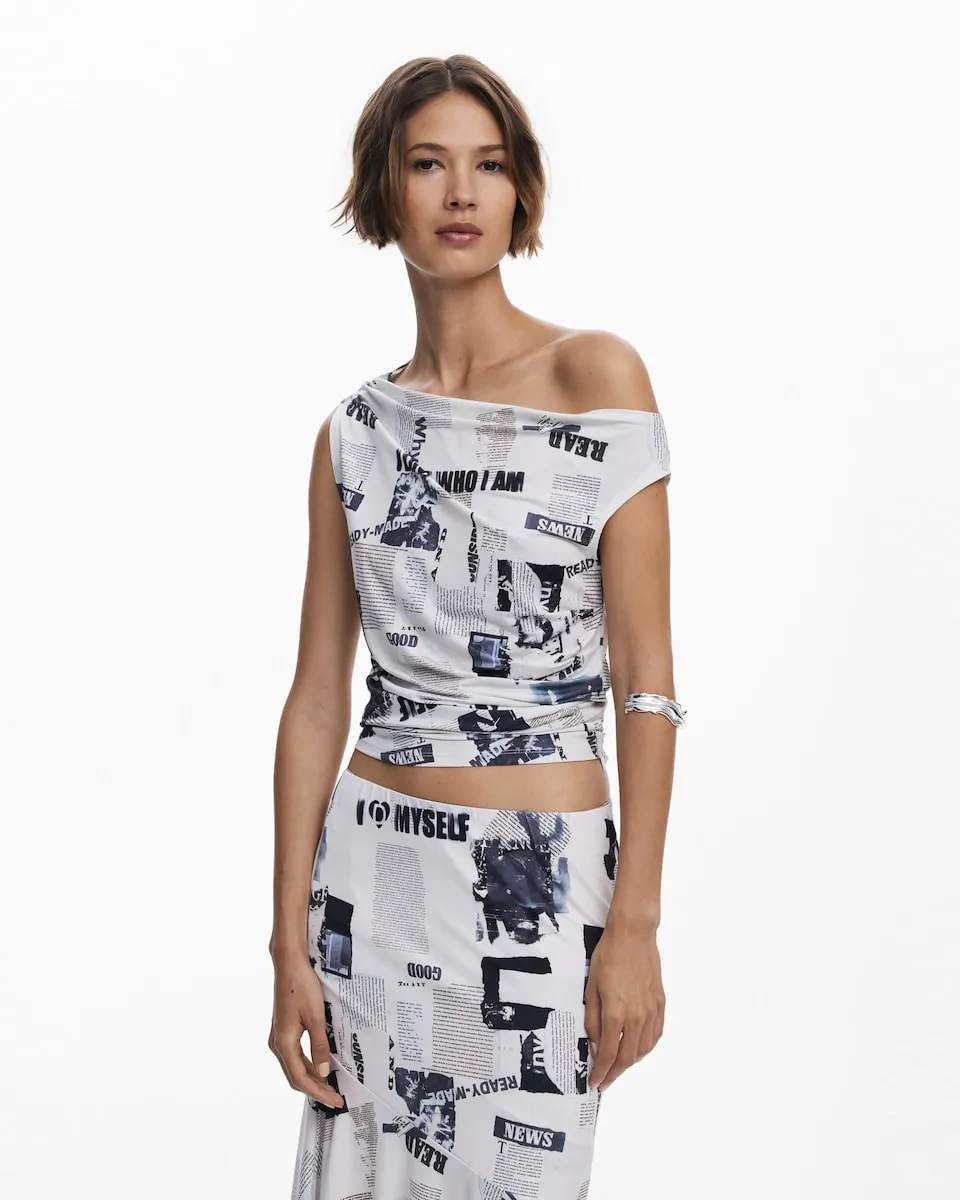 

Женская футболка с драпировкой и газетным принтом Desigual, белый/черный