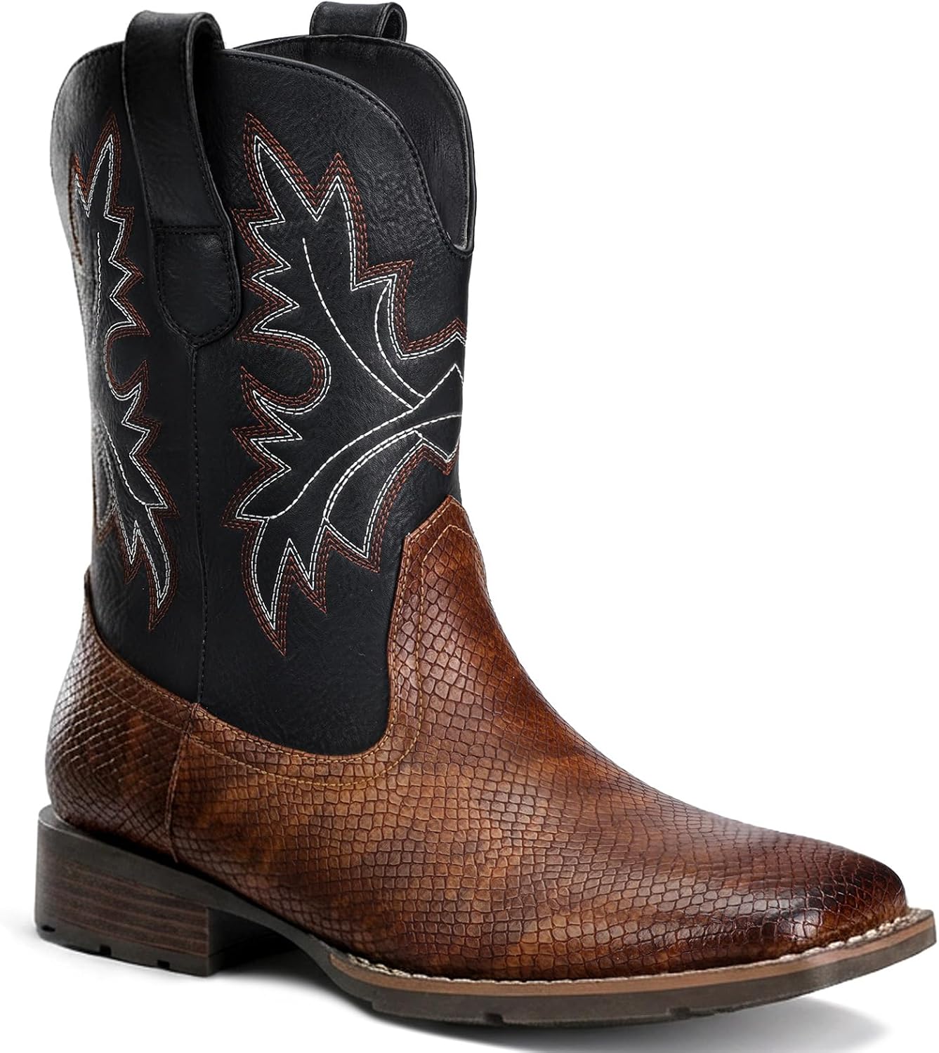 

Ковбойские сапоги Lumeheel для мужчин - мужские западные сапоги с классической вышивкой, слипоны с квадратным носком, противоскользящие деревенские сапоги на массивном каблуке, короткие прочные сапоги для весны и осени, коричневый