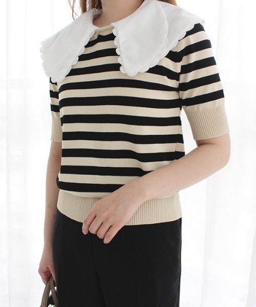 

Вязаный топ с двойной оборкой и матросским воротником MODE ROBE