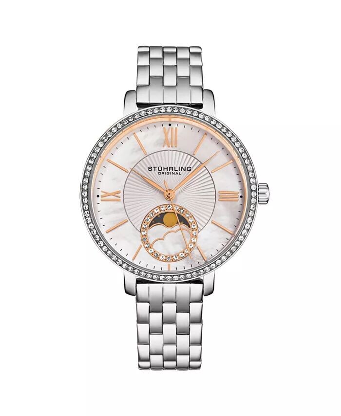 

Женский корпус из кварцевого серебряного сплава, серебряный браслет с звеньями SS, часы Moonphase, безель с кристаллами, белый перламутровый циферблат Stuhrling