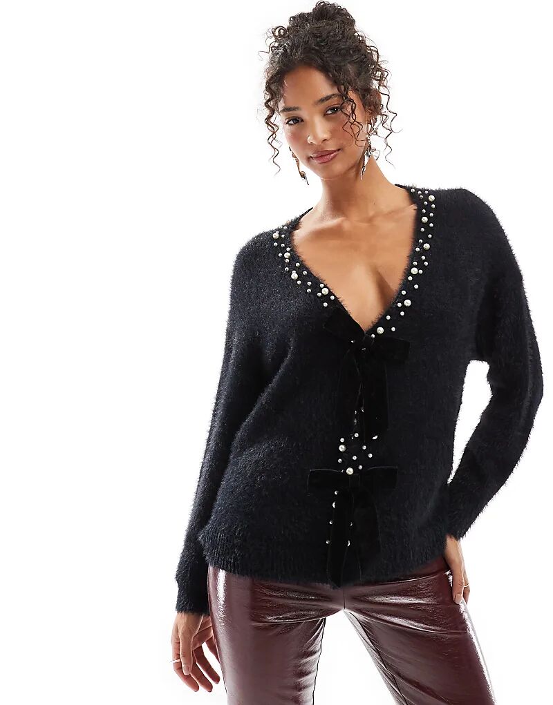 

Бархатный кардиган Lovedrobe с бантом черного цвета