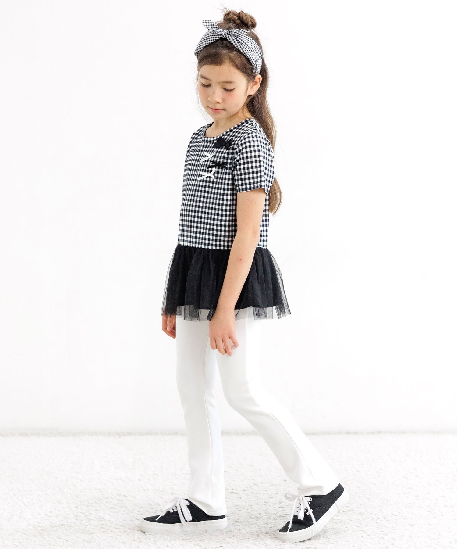 Топ из тюля с ленточными акцентами, детская одежда для девочек, Bee Bee, Tops: Black gingham — фото 2
