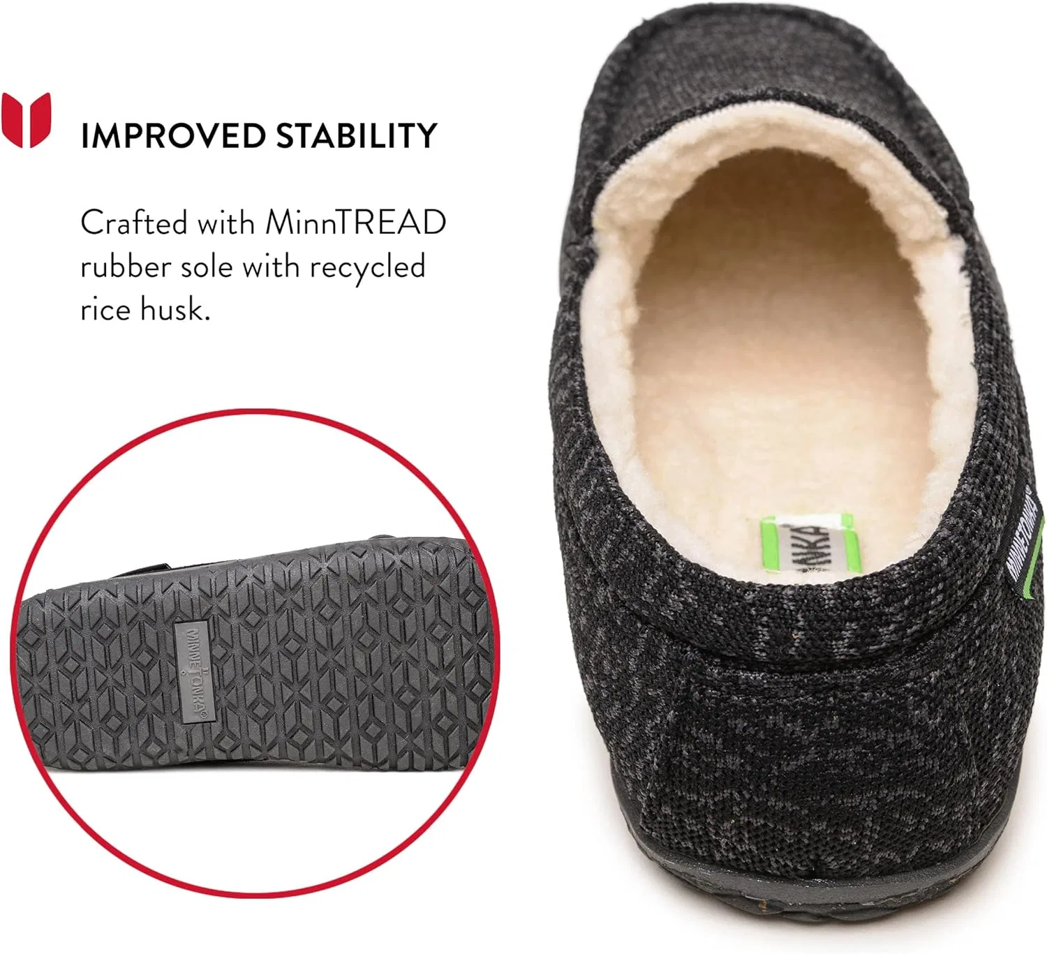 Мужские повседневные лоферы Minnetonka Eco Elm Slip-On с подкладкой из переработанной берберской ткани, съемной анатомической стелькой, резиновой подошвой MinnTREAD с тройным протектором и верхом из переработанной ткани, Black — фото 4