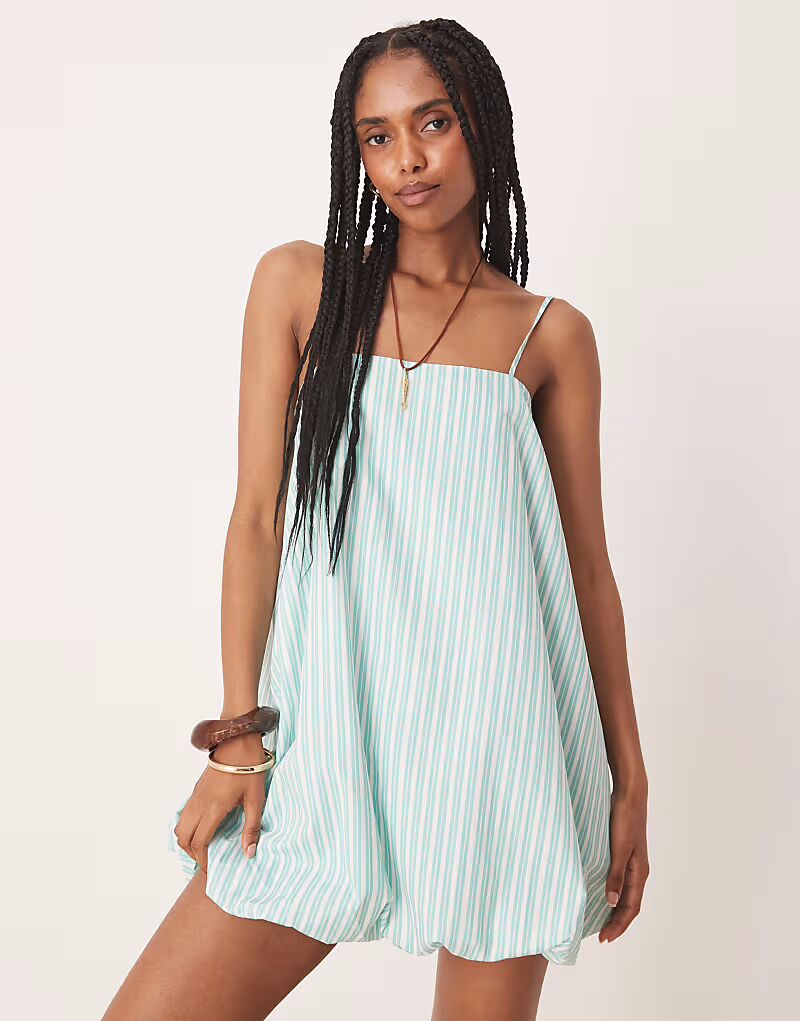 

Мини-платье ASOS DESIGN с бретельками и пышным лифом в зеленую полоску