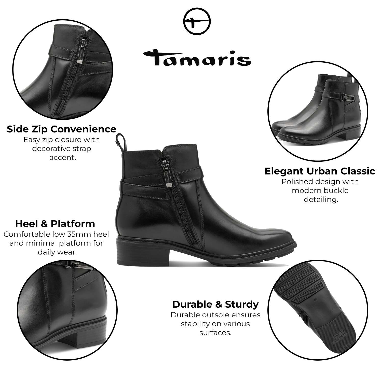 Женские байкерские ботинки Tamaris из черной кожи с пряжкой и молнией TMRS — фото 2