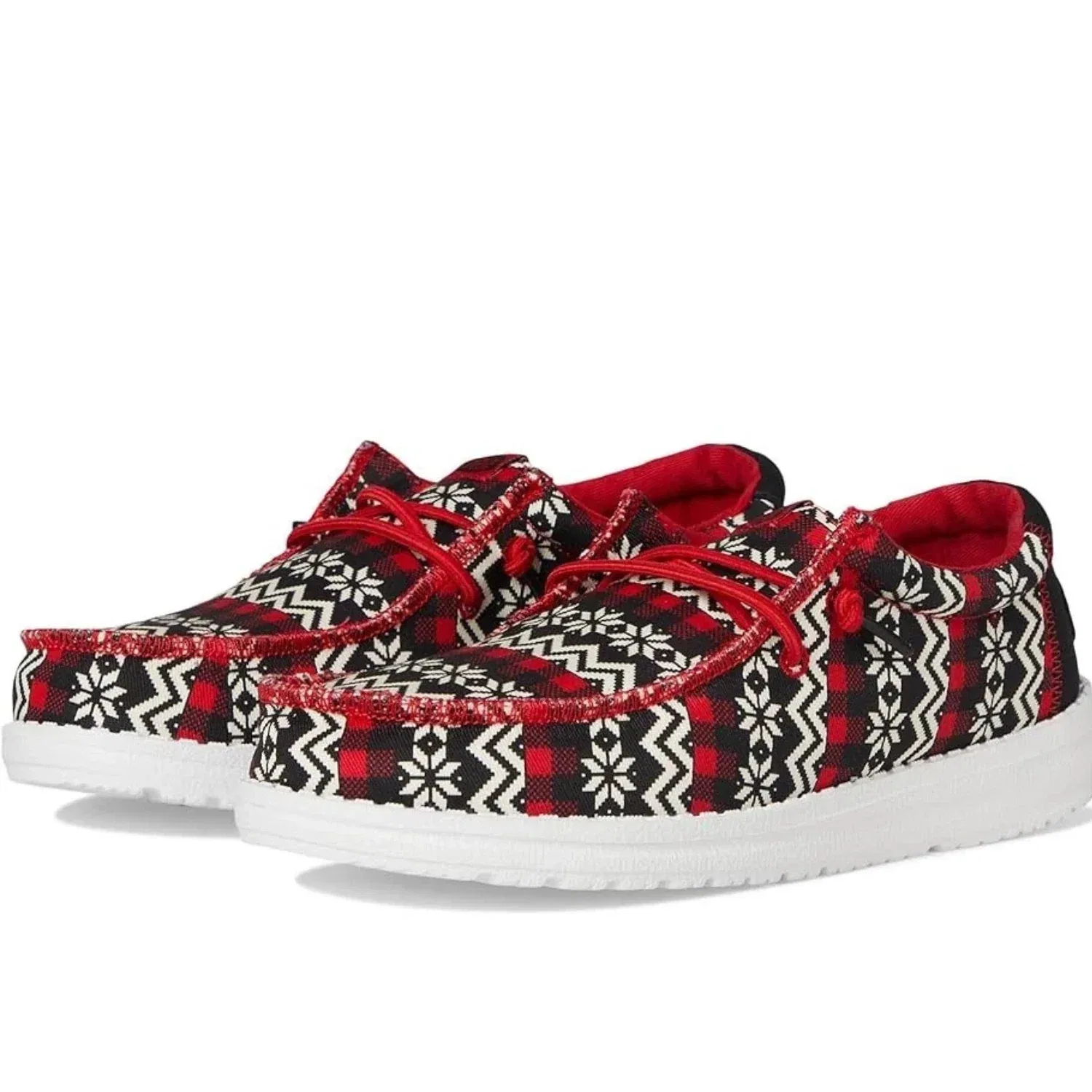 Youth Hey Dude Wally Ugly Sweater- Black Red Fair Isle Shoes HAWK3191