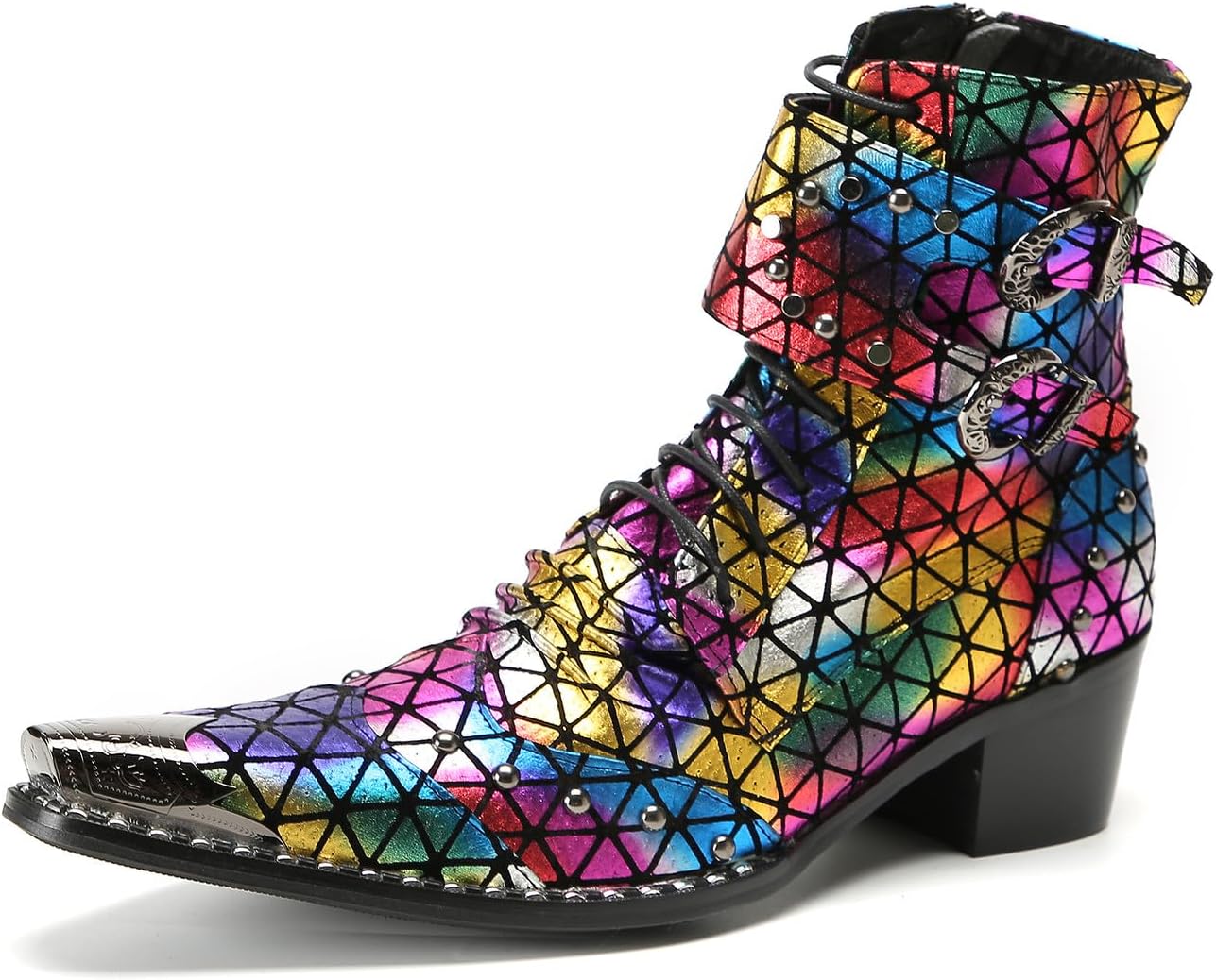 

Мужские готические панк-ботинки Santimon в западном стиле с пряжкой - настоящая кожа, металлический заостренный носок, ботинки на шнуровке с пряжкой и заклепками для клуба, вечеринки или сцены, Colour