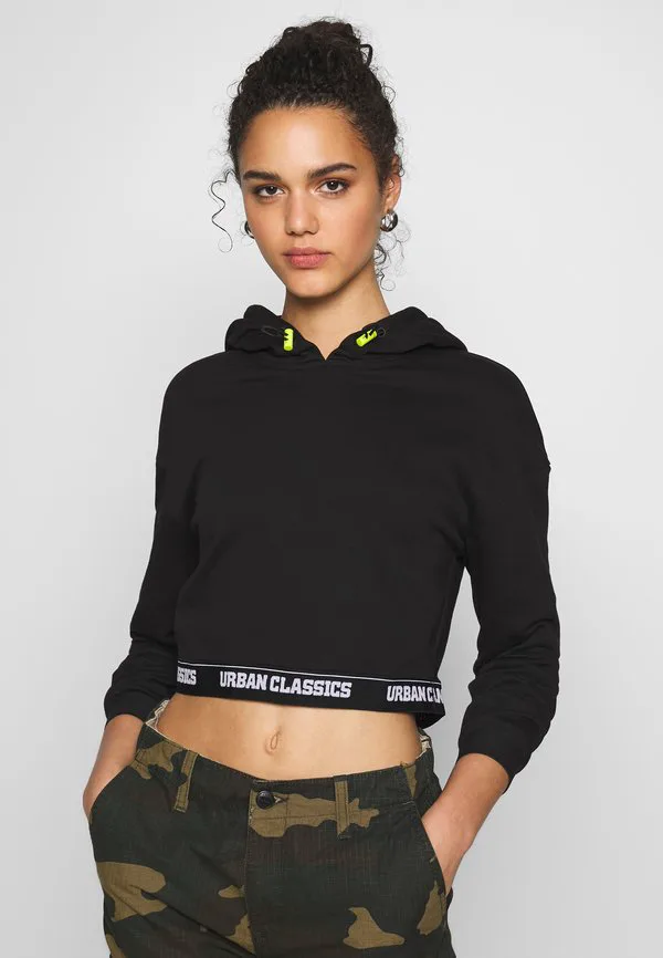 

Женская укороченная толстовка с капюшоном и логотипом на поясе Urban Classics, Black, Черный, Женская укороченная толстовка с капюшоном и логотипом на поясе Urban Classics, Black