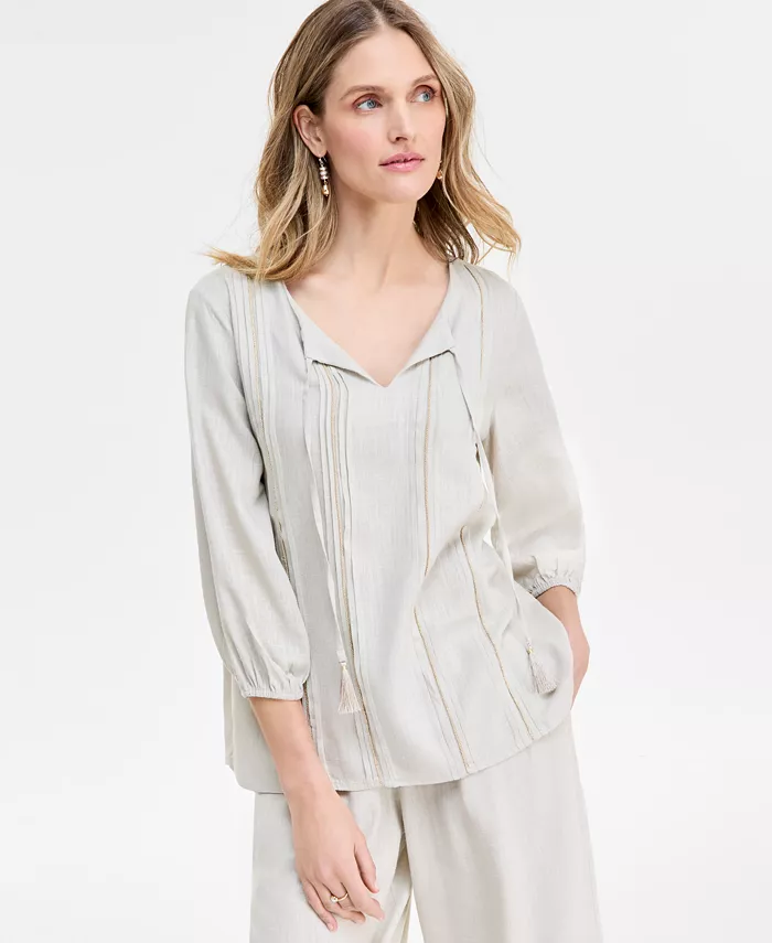 

Женская блузка из льняной смеси с вышивкой и защипами JM Collection, коричневый/бежевый