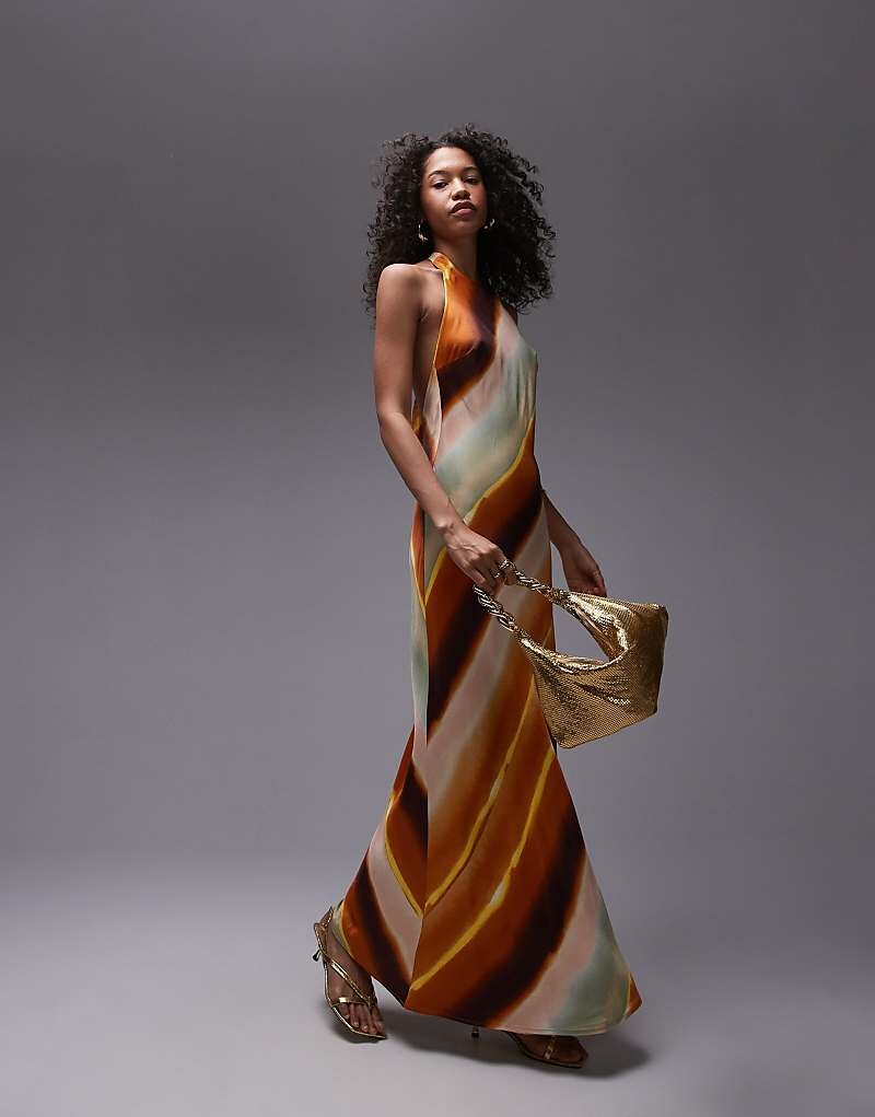 

Платье макси с воротником-халтером в оранжевую полоску Topshop