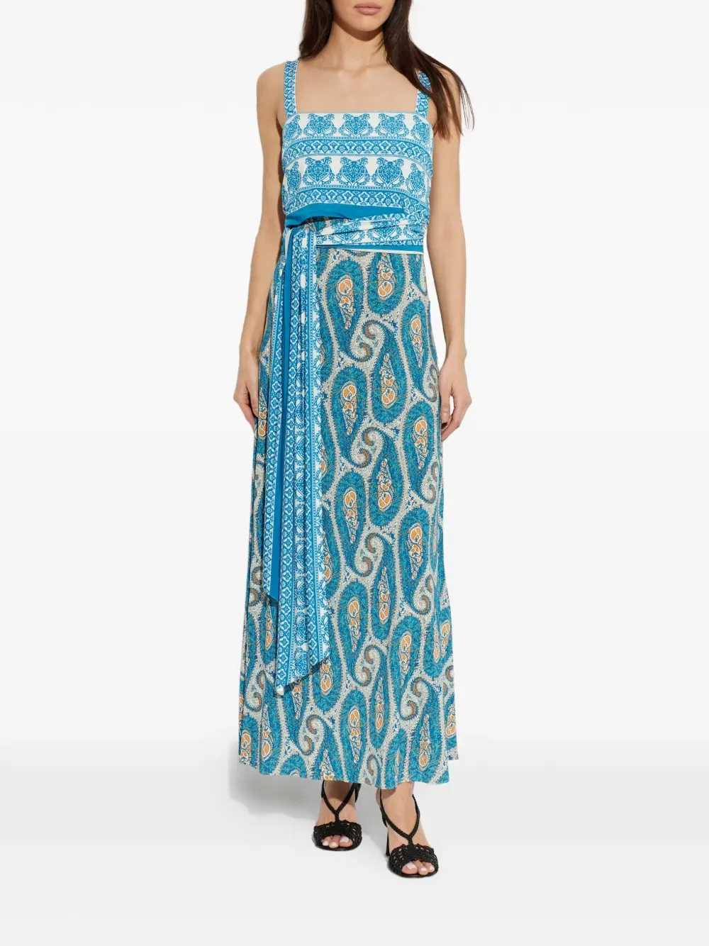 Длинное платье с узором и поясом на талии Etro, синий — фото 3