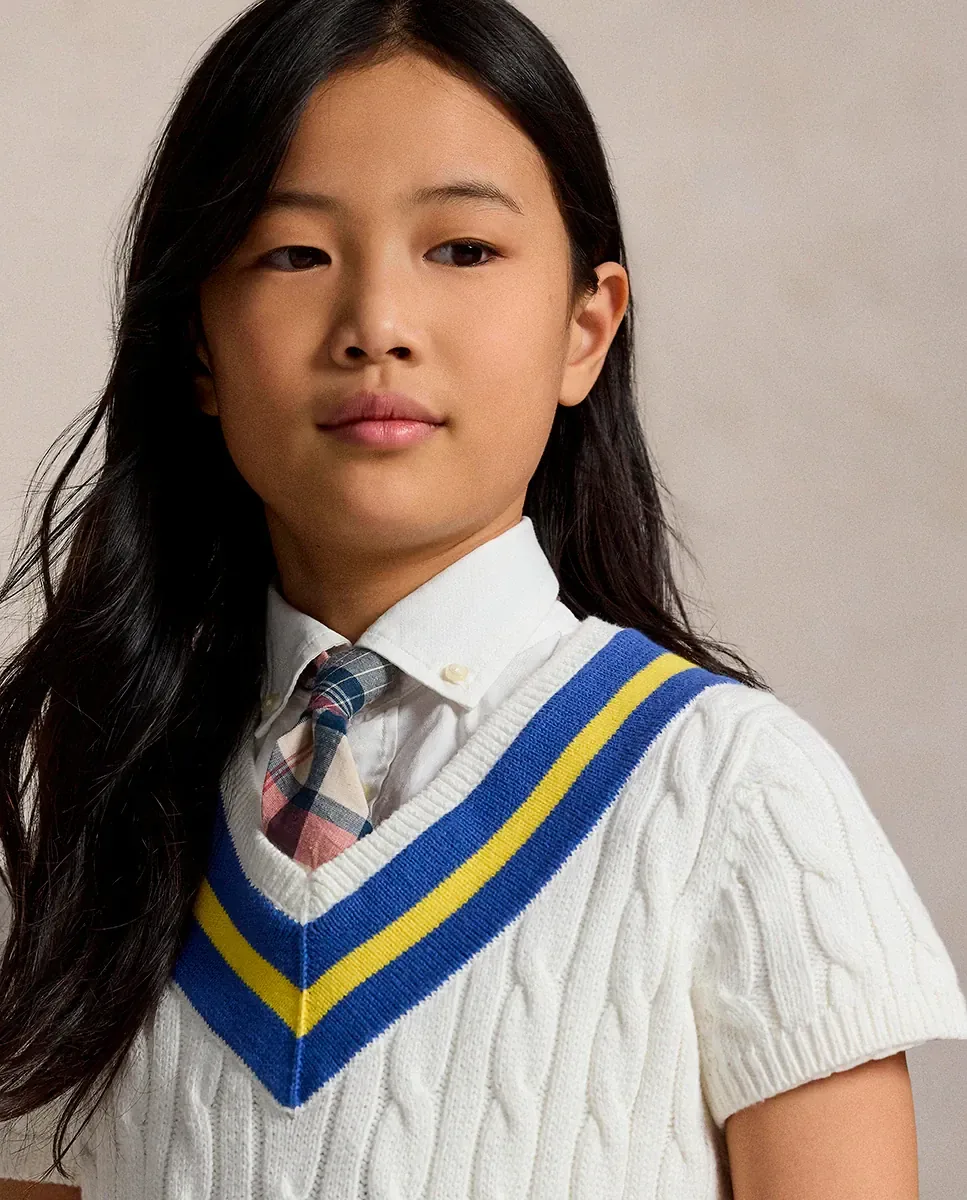 Детское платье из хлопка с узором "елочка" Polo Ralph Lauren, Blanco Roto — фото 3
