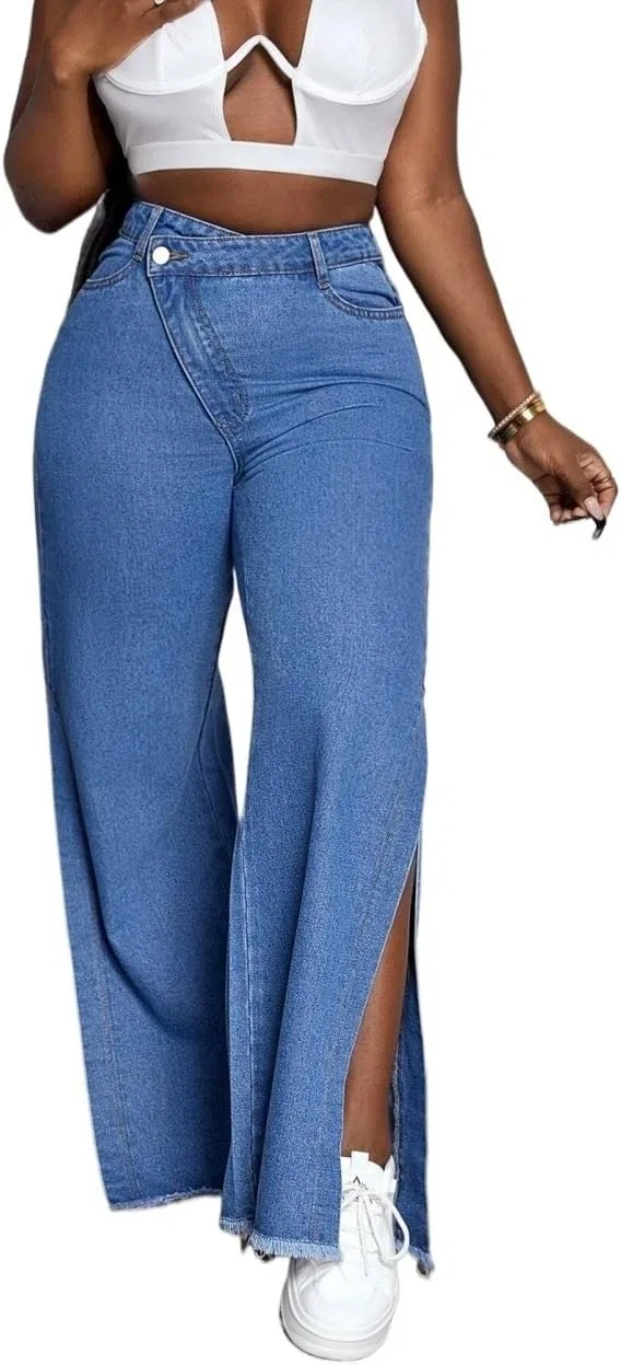 Джинсы прямые свободные с разрезом, средняя посадка, Medium Wash